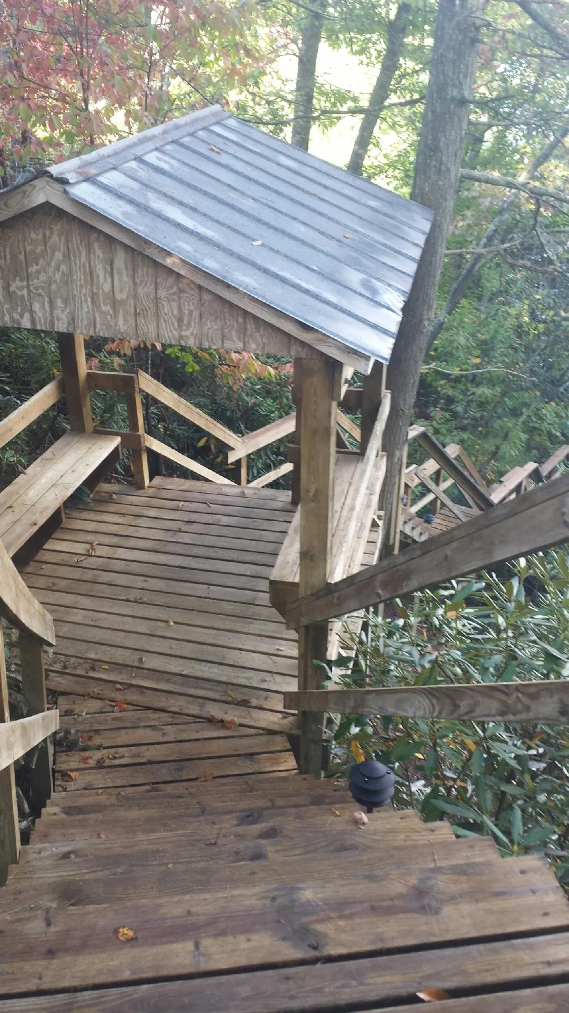 Metal roofed shelter over wooden steps on a wooded walkway — Skylight Repair & Installation work by our crew in Stokesdale